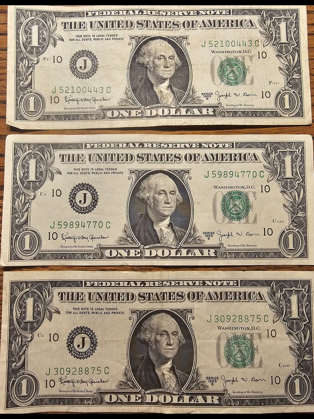 (3) Joseph Barr $1 Federal Reserve Note.